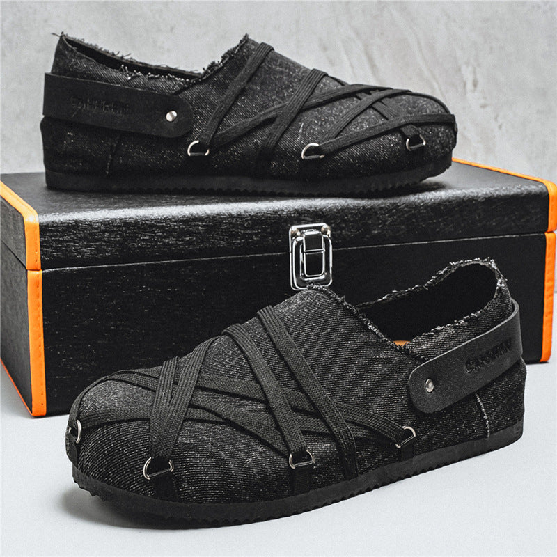 Men's casual slippers in denim look with elastic straps, adjustable heel strap and profiled rubber sole Mune Fashion