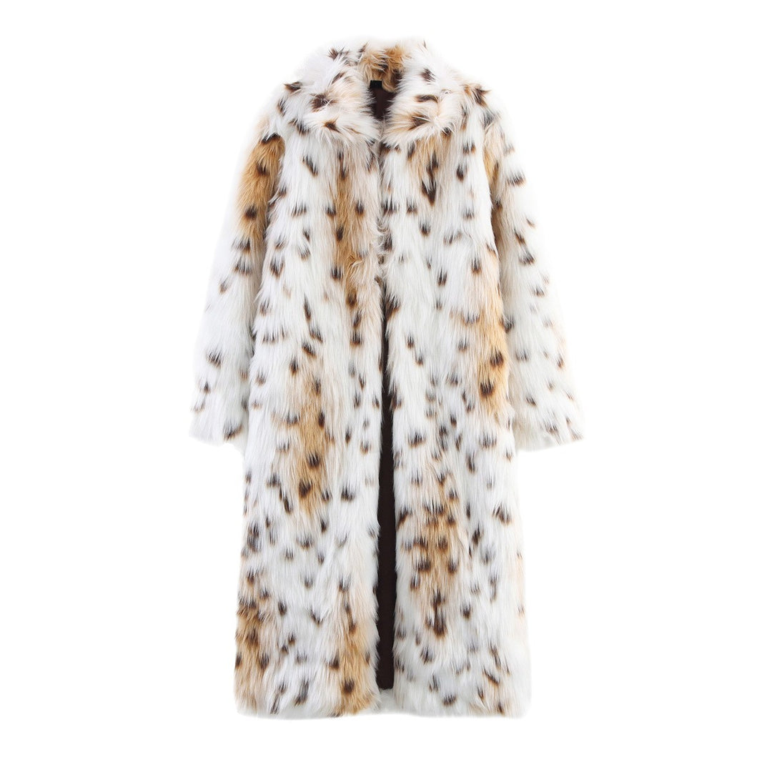 Women's Long Oversized Faux Fur Coat with Spotted Wildcat Print and Stand Collar Mune Fashion