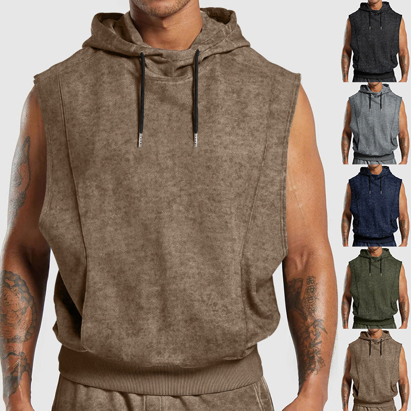 Men's sleeveless hoodie in stone-wash look with deep armholes and ribbed hem Mune Fashion