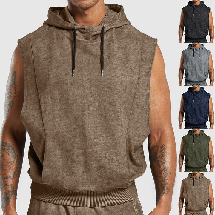 Men's sleeveless hoodie in stone-wash look with deep armholes and ribbed hem Mune Fashion