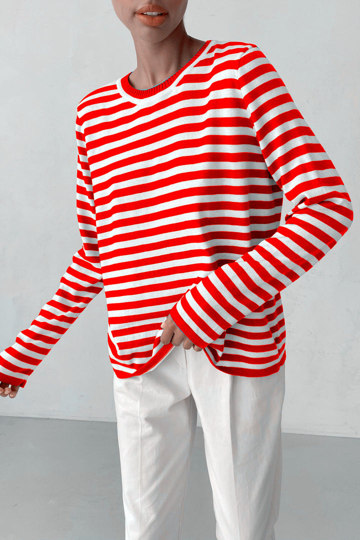 Women's striped cotton sweater with round neck and relaxed fit Mune Fashion