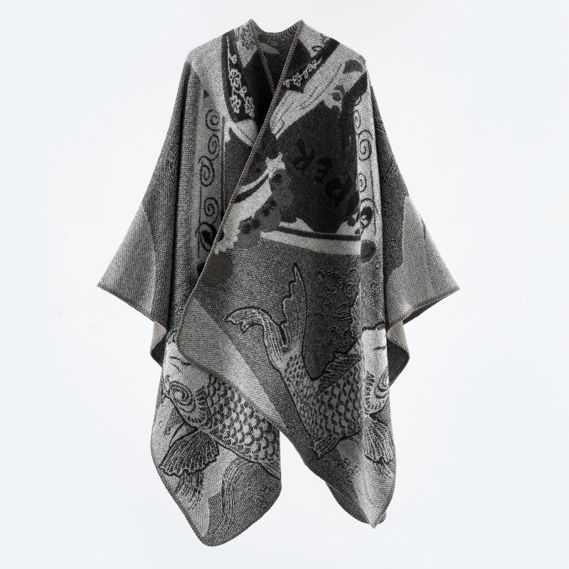 Women Jacquard Poncho with Fish Motif and Open Oversize Cut Mune Fashion