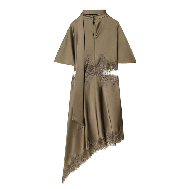 Women nan asymmetrical cape midi dress with stand-up collar, scarf and delicate lace hem Mune Fashion