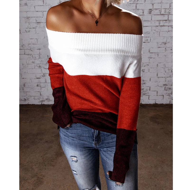 Women Off-Shoulder Colorblock Knit Sweater with Folded Collar Mune Fashion