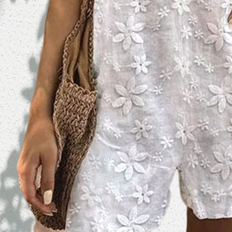 Women's lighter short overall with floral three-dimensional embroidery, adjustable tie straps and loose A-line silhouette Mune Fashion
