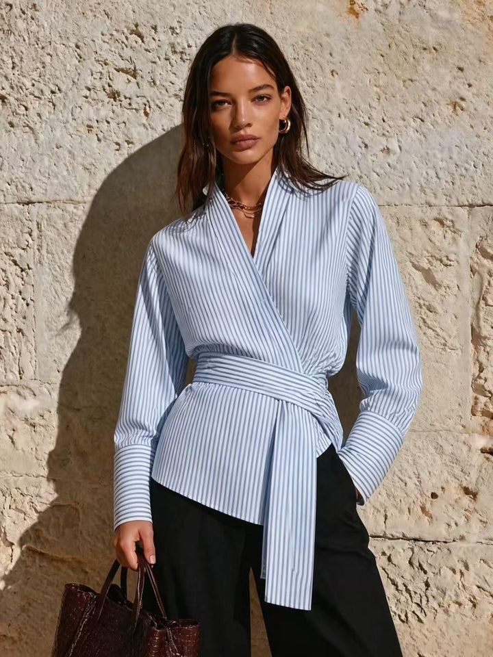 Women Elegant Wrap Top with Stripes Mune Fashion