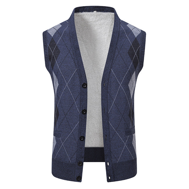Men's sleeveless knitted vest with argyle pattern, teddy lining, and full button placket Mune Fashion