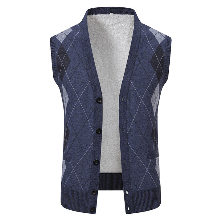Men's sleeveless knitted vest with argyle pattern, teddy lining, and full button placket Mune Fashion