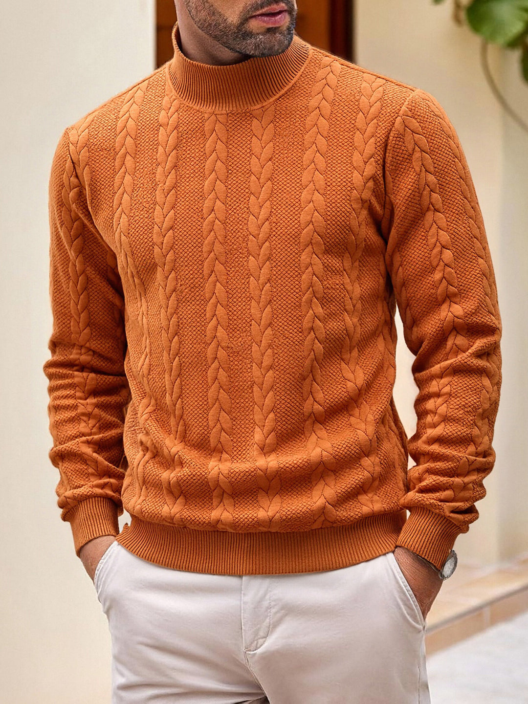 Men's thick knit cable knit sweater with half standing collar and elastic ribbed cuffs Mune Fashion