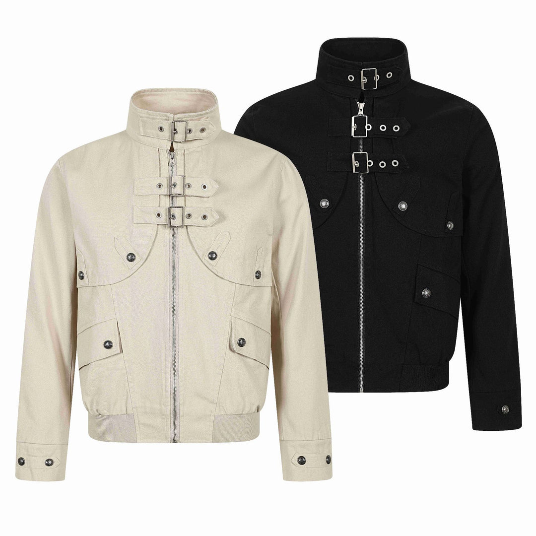 Unisex Short-cut Canvas Field Blouson with Buckle Placket, Utility Pockets and High Standing Collar Mune Fashion