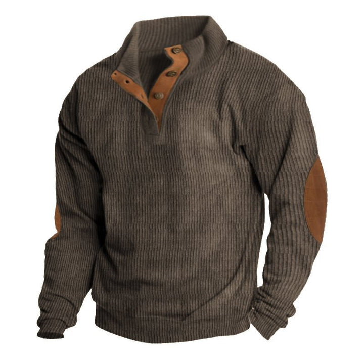 Men's Structured Sweater with Henley Button Placket, Elbow Patches and Two-Tone Block Mune Fashion