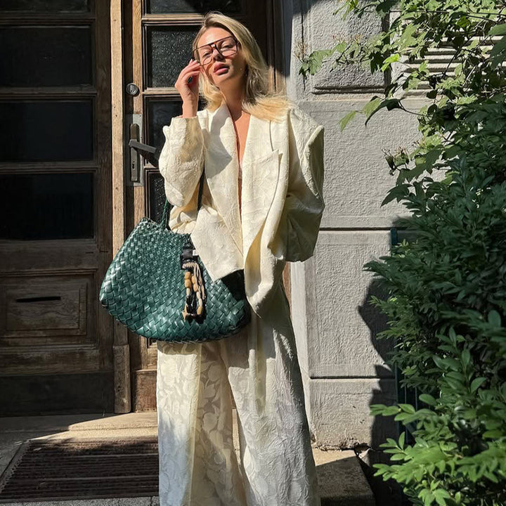Women Two-Piece Jacquard Pants Set with Oversized Boxy Blazer and High-Cut Palazzo Pants Mune Fashion