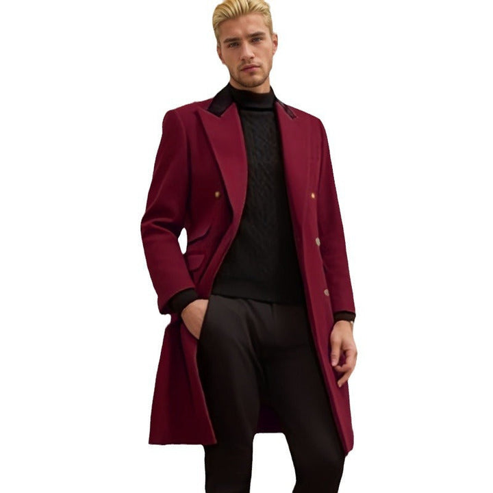 Men's Modern Urban Coat with Double Button Placket and Velvet Collar Mune