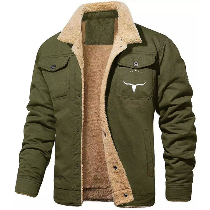 Men's Sherpa-lined canvas work jacket with胸口 pockets Mune Fashion