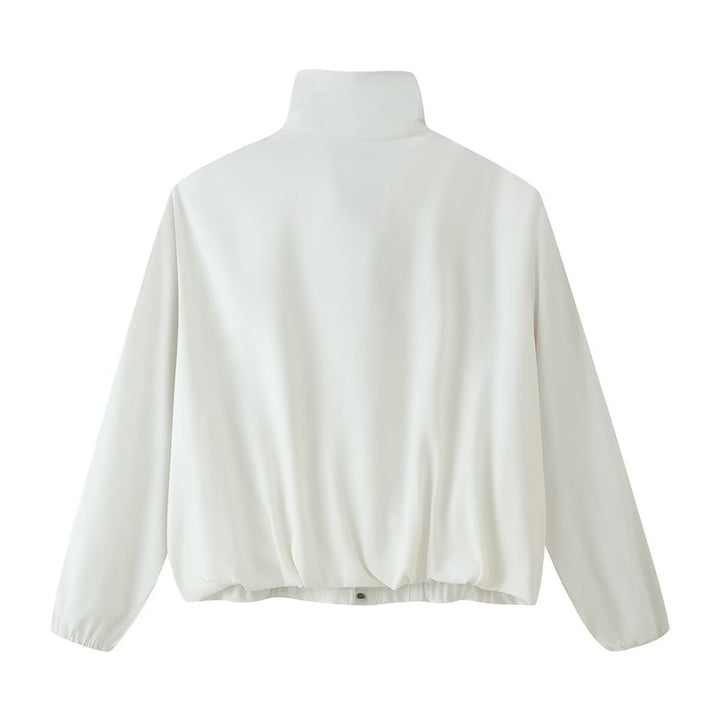 Ladies short jacket with high stand-up collar, shoulder pads and snap button placket Drune