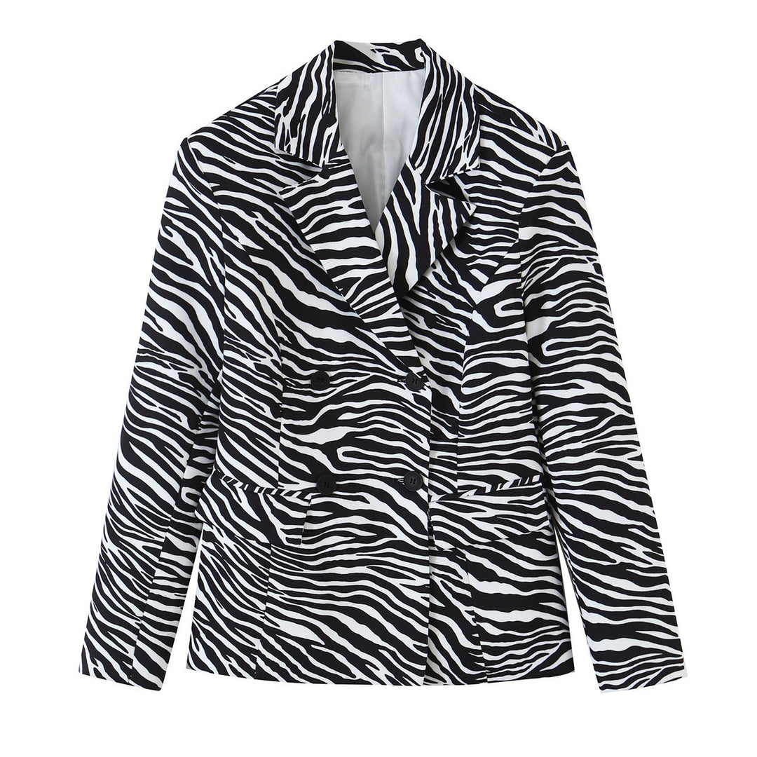 Women's Zebra Print Blazer in Tailoring Look with Double Breasted and Figure-Fitting Waist Mune Fashion