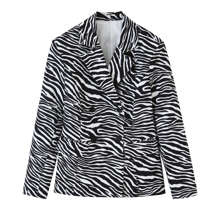 Women's Zebra Print Blazer in Tailoring Look with Double Breasted and Figure-Fitting Waist Mune Fashion