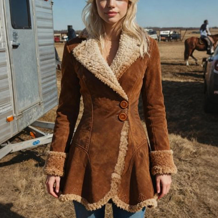 Women's nano tailored coat with faux fur trim, velvet structure, and flared hem Mune Fashion