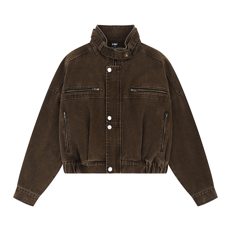 Women's Cropped Utility Bomber Jacket with Stand-Up Collar, Zipper Pockets and Elastic Cuffs Mune Fashion