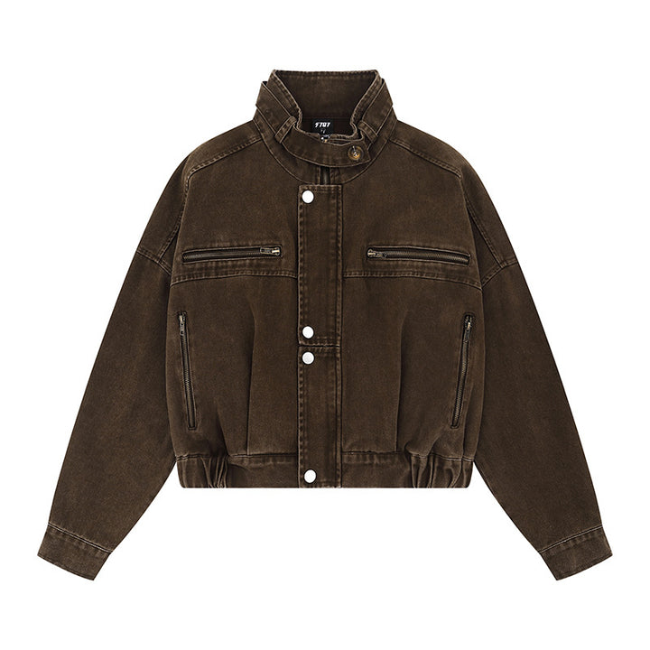 Women's Cropped Utility Bomber Jacket with Stand-Up Collar, Zipper Pockets and Elastic Cuffs Mune Fashion