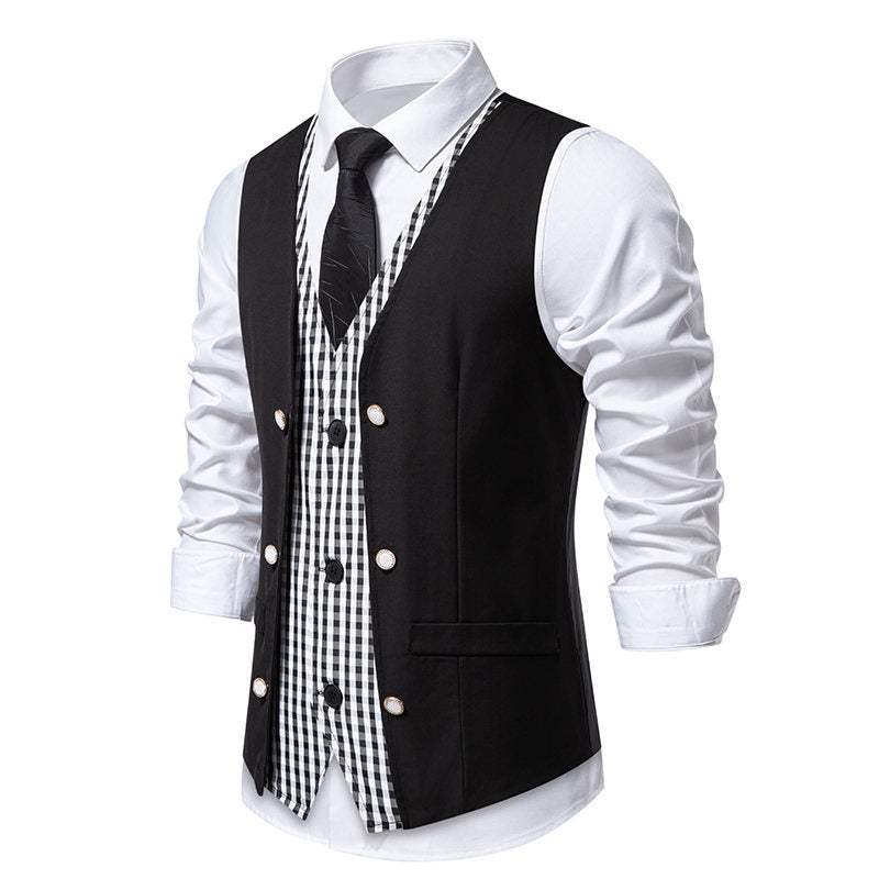 Men's elegant double-breasted suit vest with contrasting Vichy inner part Mune Fashion