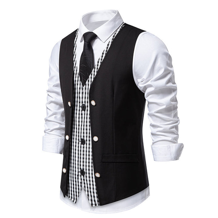Men's elegant double-breasted suit vest with contrasting Vichy inner part Mune Fashion