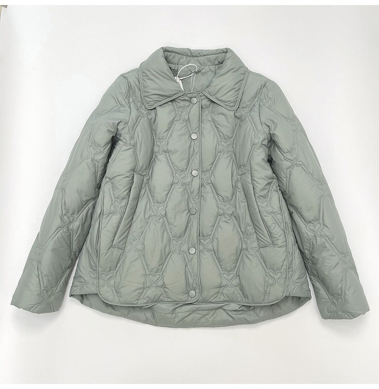Women Short Cut Quilted Jacket with Decorative Stitching and Rounded Hem Mune Fashion