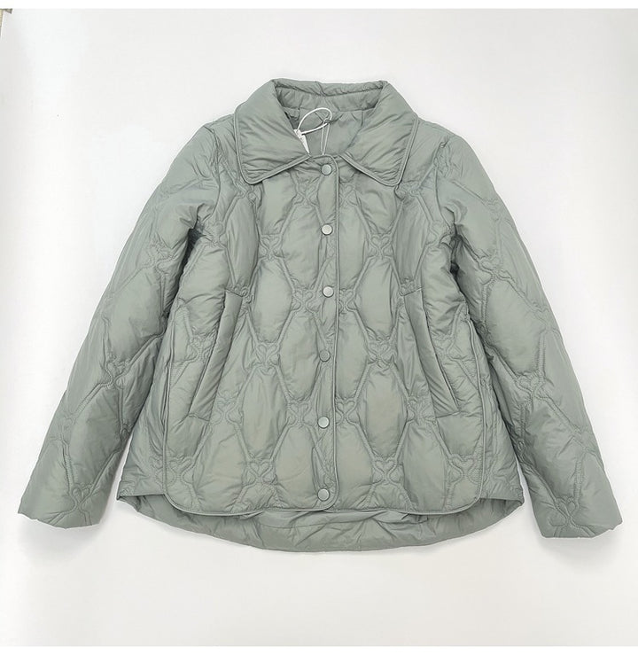 Women Short Cut Quilted Jacket with Decorative Stitching and Rounded Hem Mune Fashion