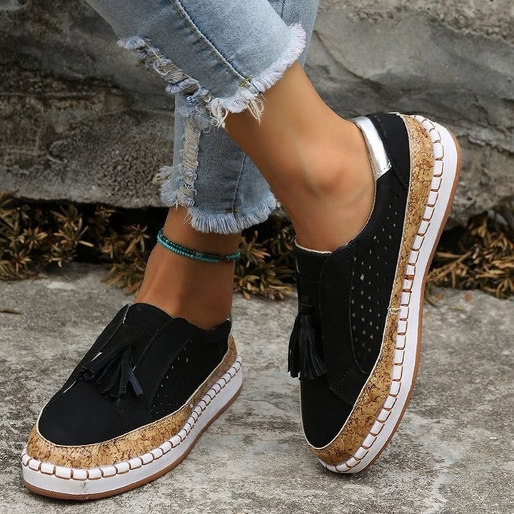 Women's Slip-On Wedge Sneakers with Cork Platform, Tassels and Perforated Upper Mune Fashion