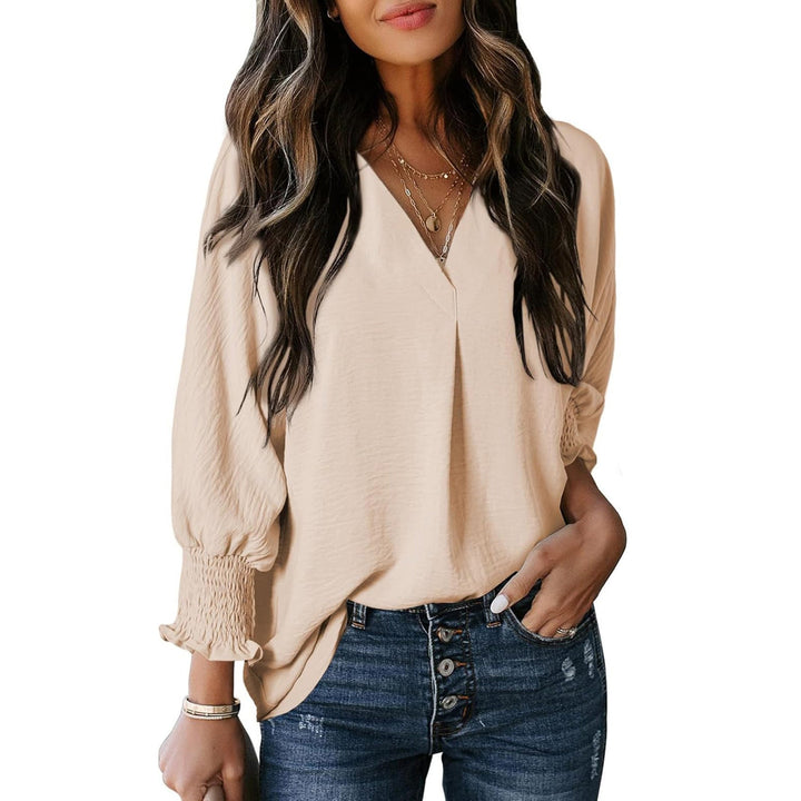 Women V-neck blouse with casual balloon sleeves and ruffle details Mune Fashion