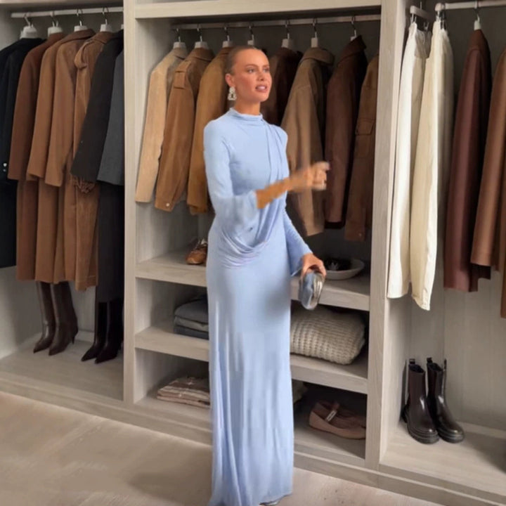 Women's Maxi Dress with Draped Front, Stand Collar and Bell Sleeves Mune Fashion