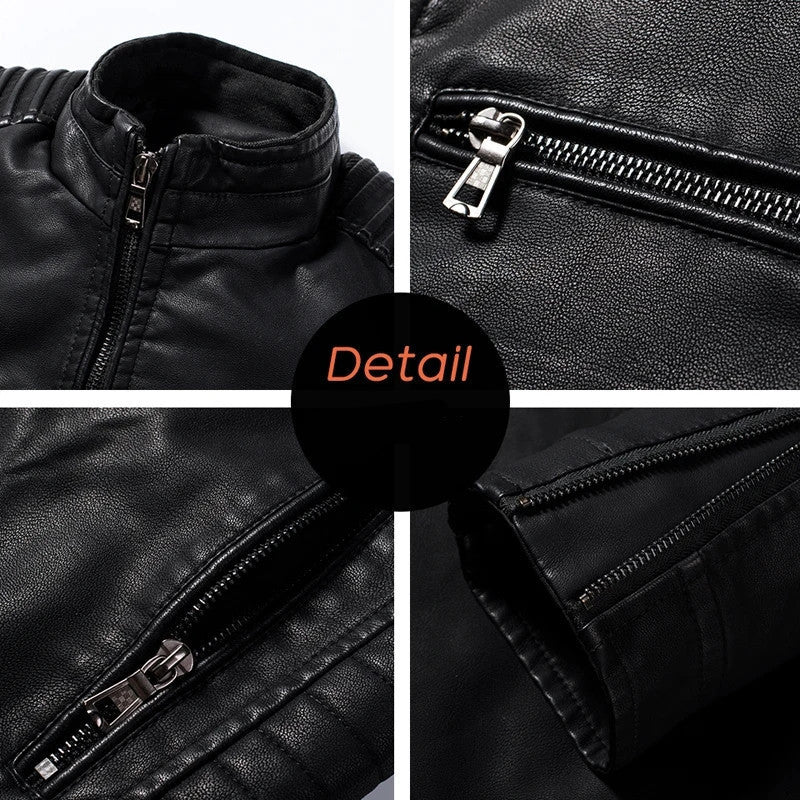 Men's Slim-Fit Biker Leather Jacket with Stand Collar and Quilted Shoulder Area Mune Fashion