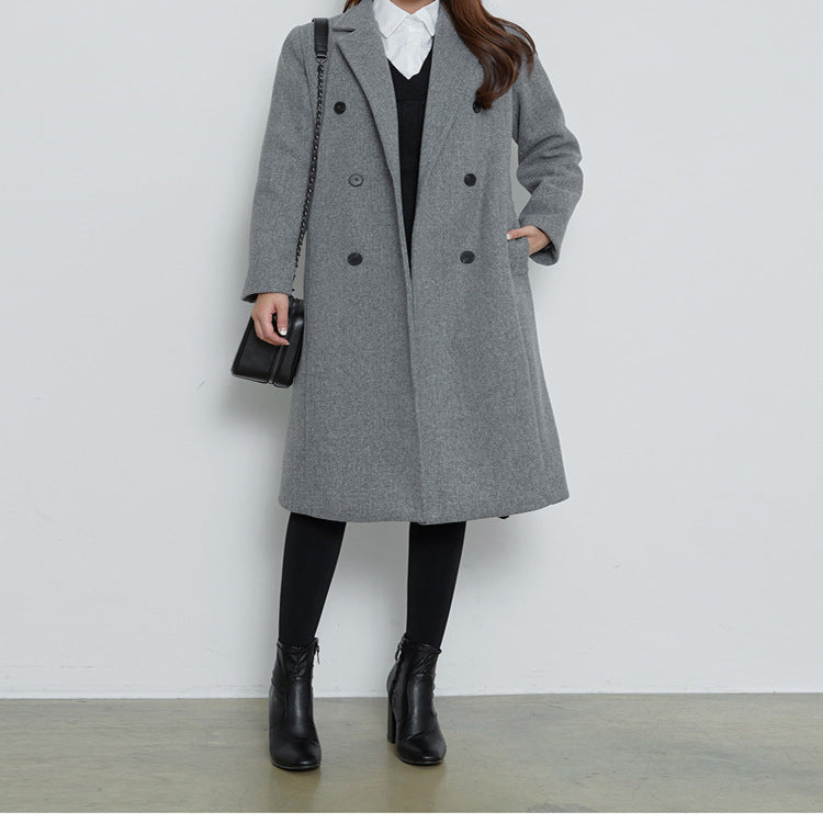 Women Long Cut Wool Blend Coat in Minimalist Double-Breasted with Deep Lapel Mune Fashion