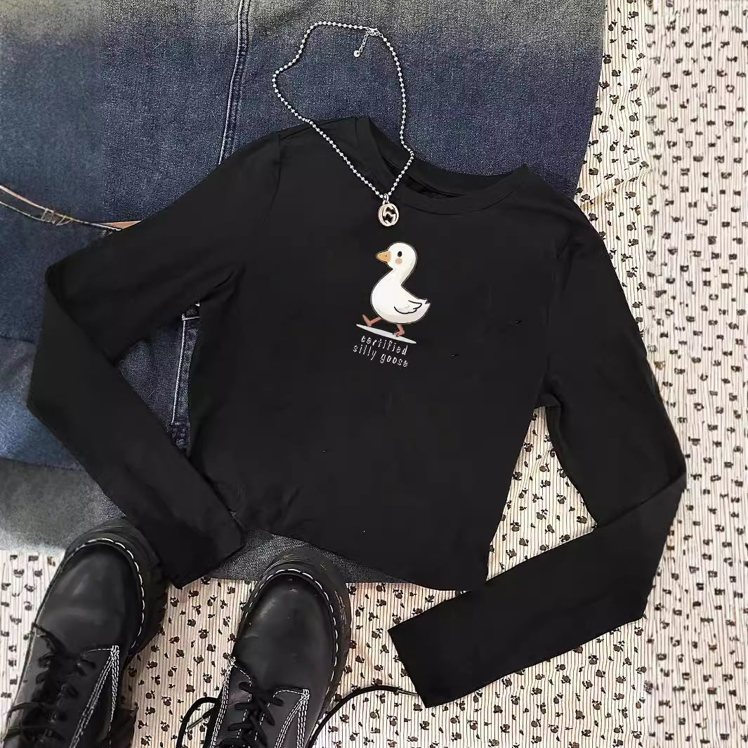Ladies' figure-hugging long sleeve shirt with cute goose print, round neckline, and lightweight stretch Mune Fashion