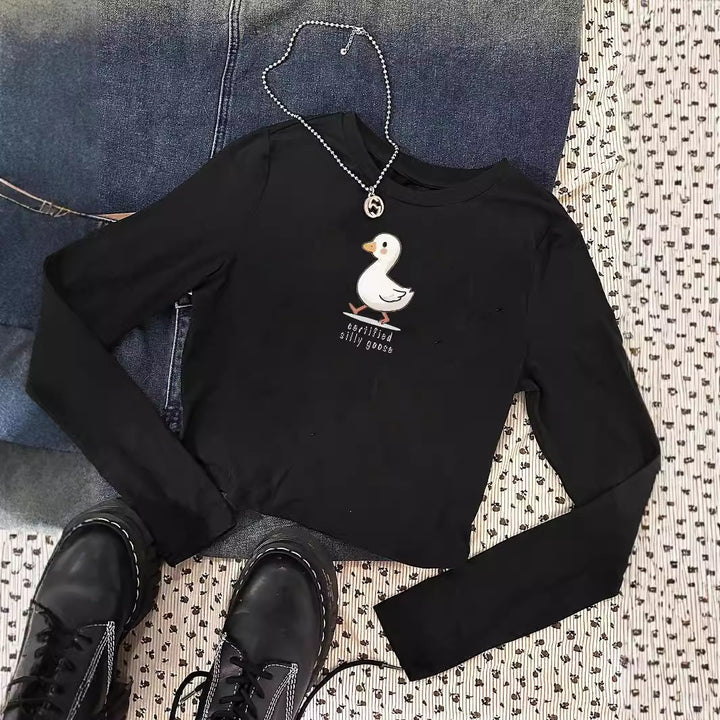 Ladies' figure-hugging long sleeve shirt with cute goose print, round neckline, and lightweight stretch Mune Fashion