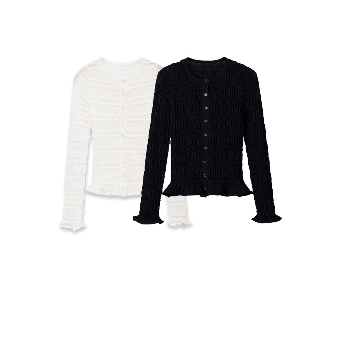Women's Smocked Long Sleeve Top with Ruffle Hem and Fitted Cut Mune Fashion