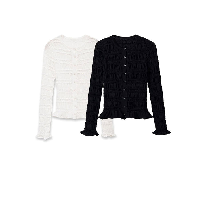 Women's Smocked Long Sleeve Top with Ruffle Hem and Fitted Cut Mune Fashion