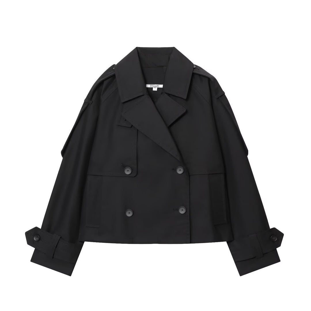 Women 300+ short double-breasted cropped trench coat with epaulettes and adjustable cuffs Mune Fashion