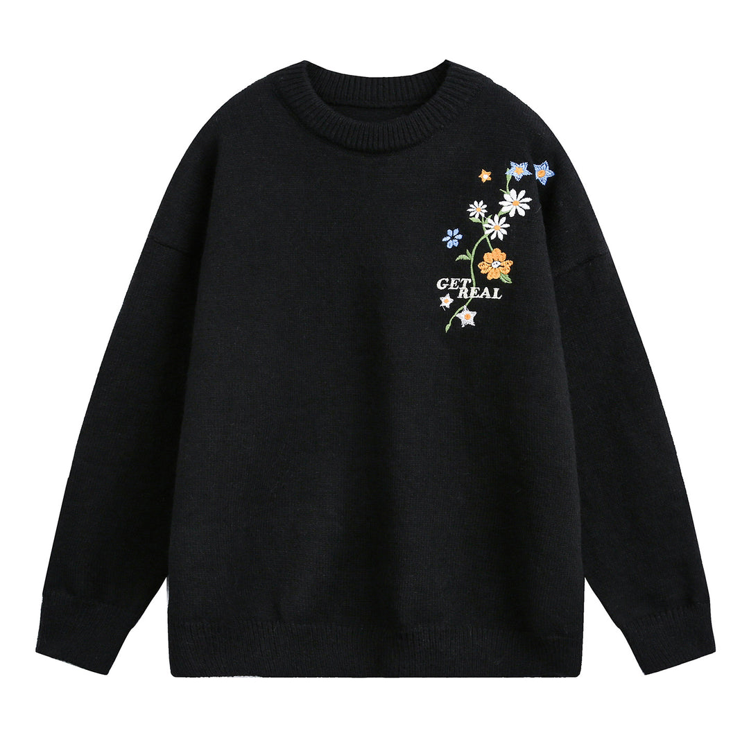 Women's Wide Cut Round Neck Knitted Sweater with Floral Embroidery Mune Fashion