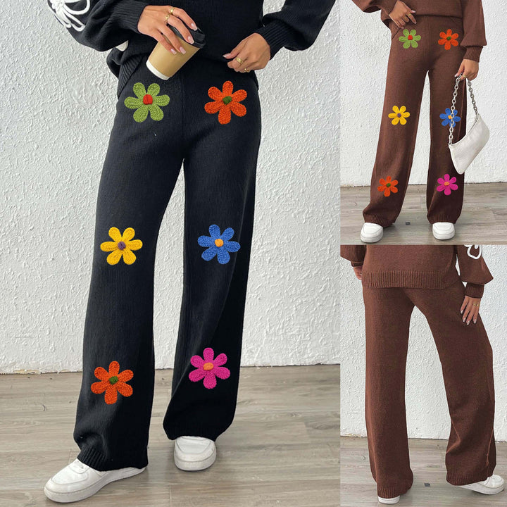 Women's casual knit pants with colorful floral appliqués Mune Fashion