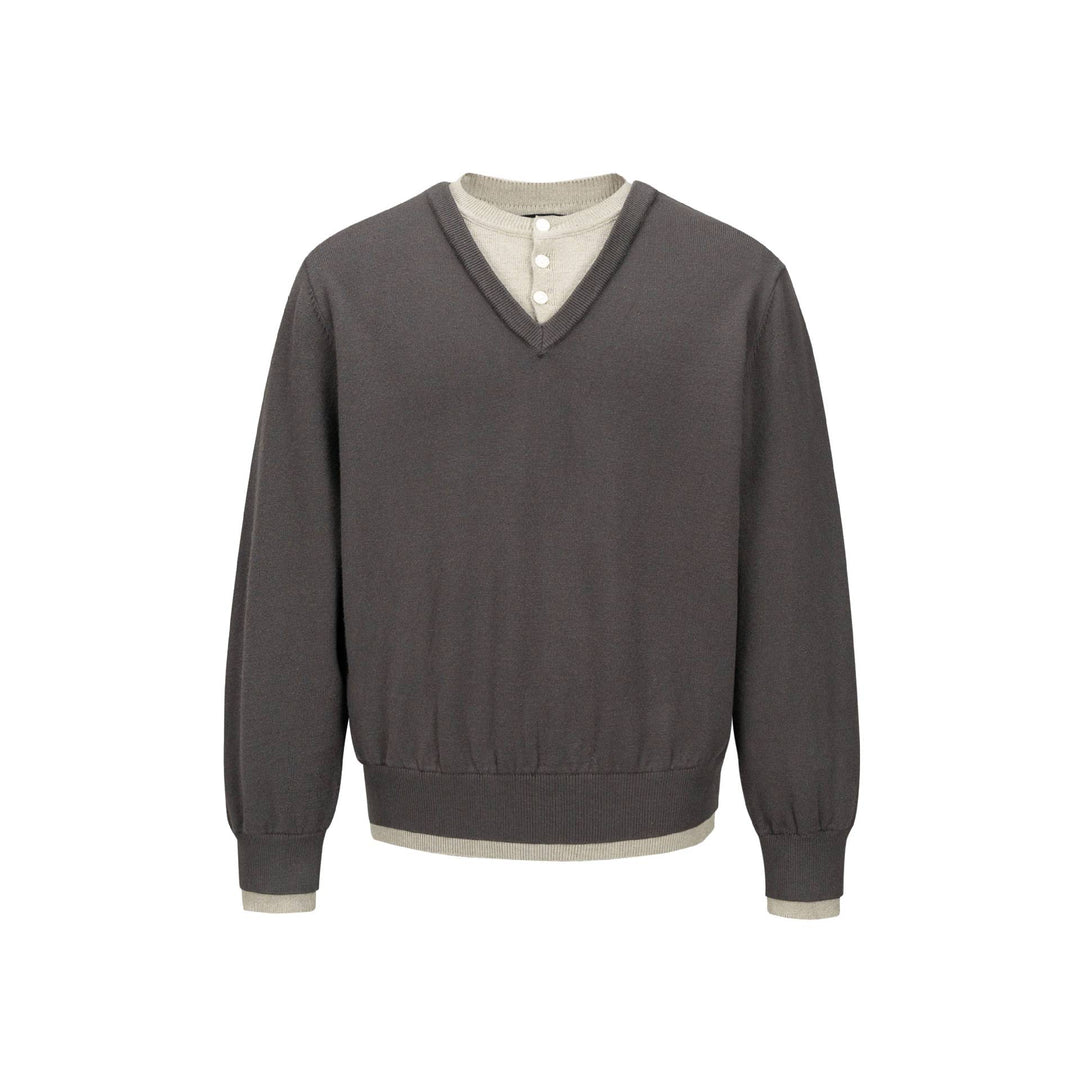 Men's V-Neck Fine Knit Sweater with Integrated Henley Detail and Elastic Waistband Mune Fashion