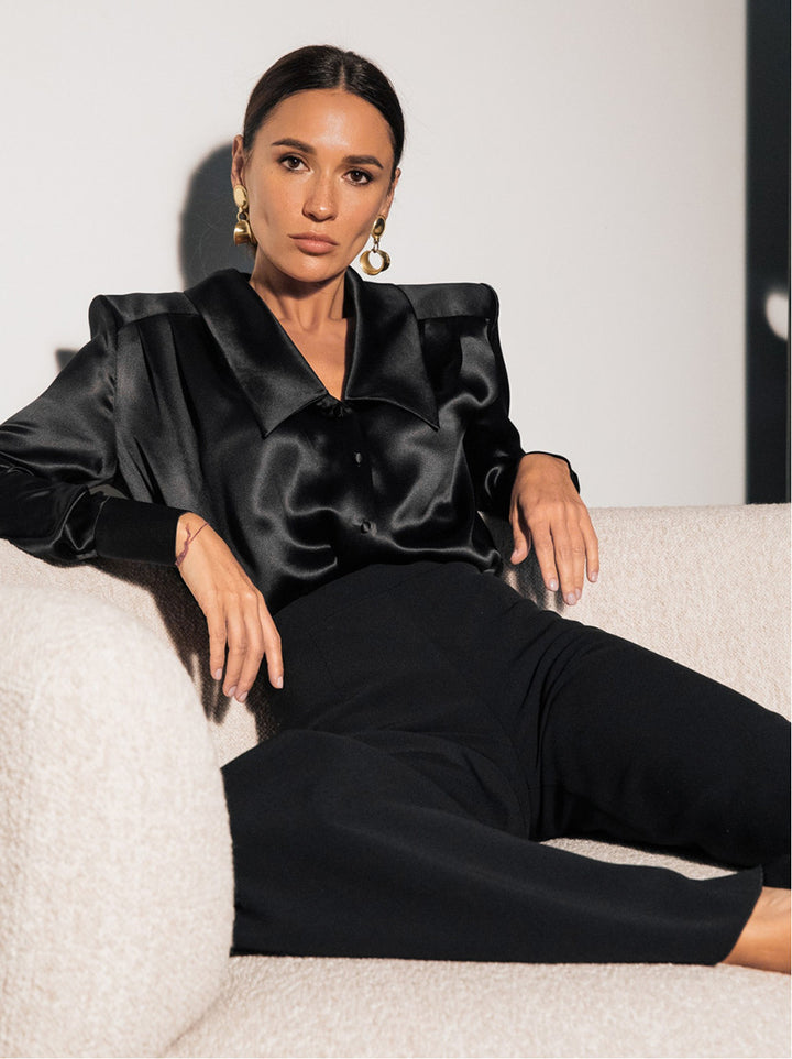 Women Satin Blouse with Oversized Lace Collar and Elegant Long Sleeves Mune Fashion