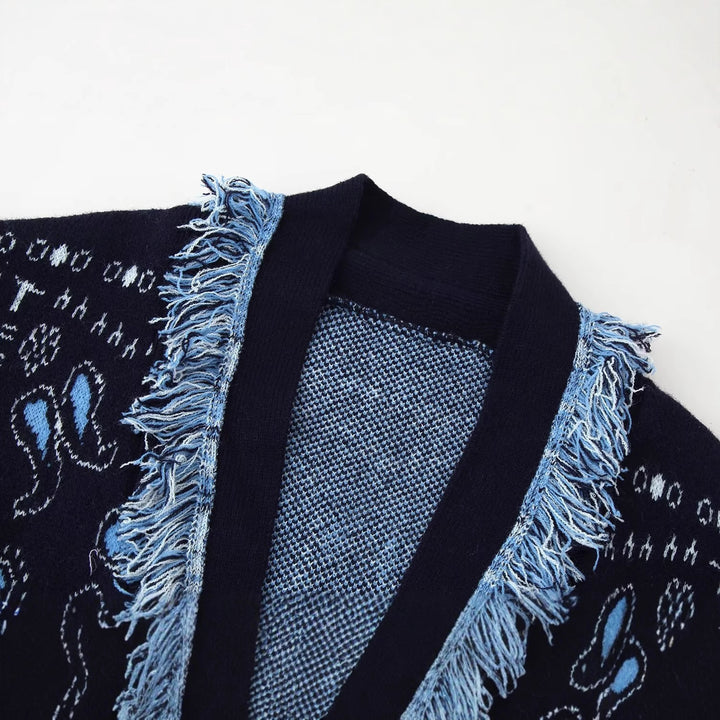 Women Fringe Kimono Cardigan with Paisley Jacquard and Tied Belt Mune Fashion