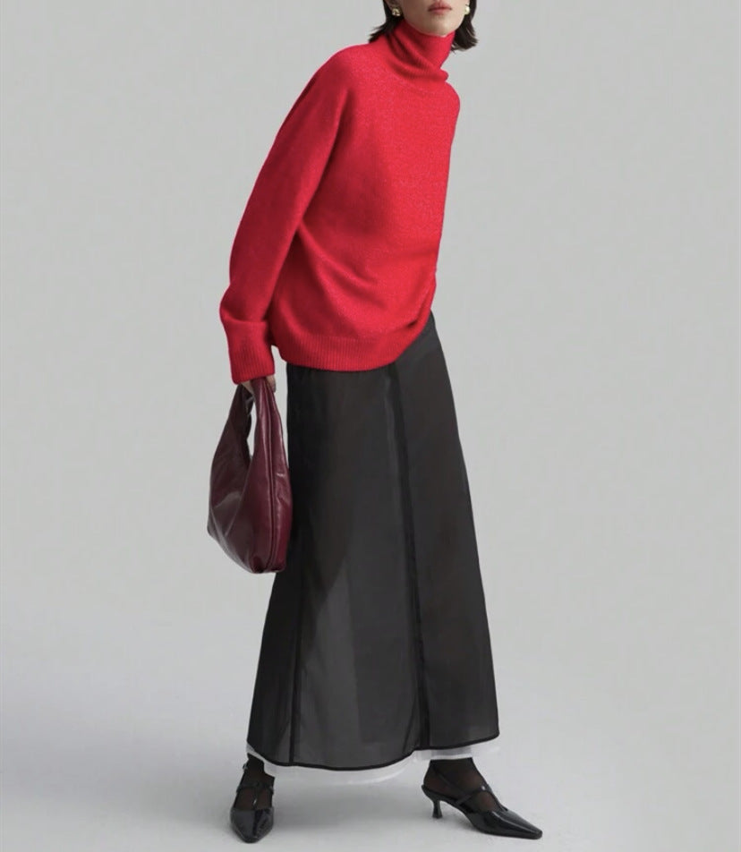 Women's Oversize Turtleneck Fine Knit Sweater with Raglan Sleeves and Side Slits Mune Fashion