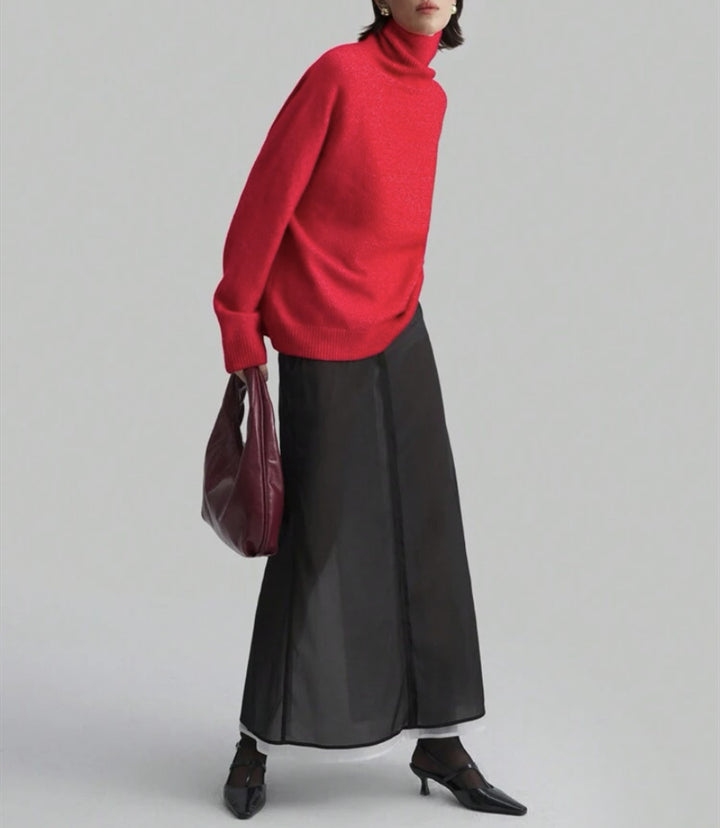 Women's Oversize Turtleneck Fine Knit Sweater with Raglan Sleeves and Side Slits Mune Fashion