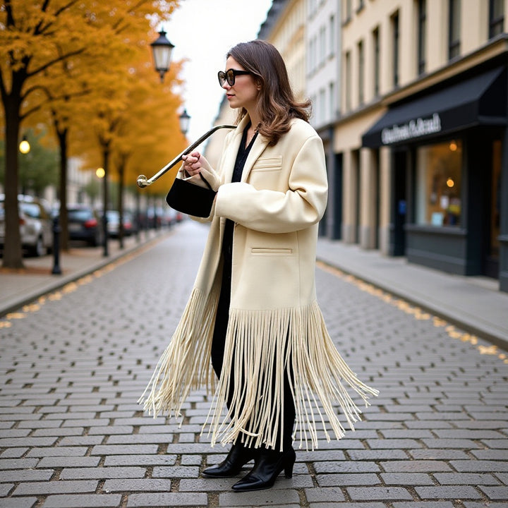 Women’s long coat with long fringe hem, boxy oversized silhouette, and lapel collar Mune Fashion
