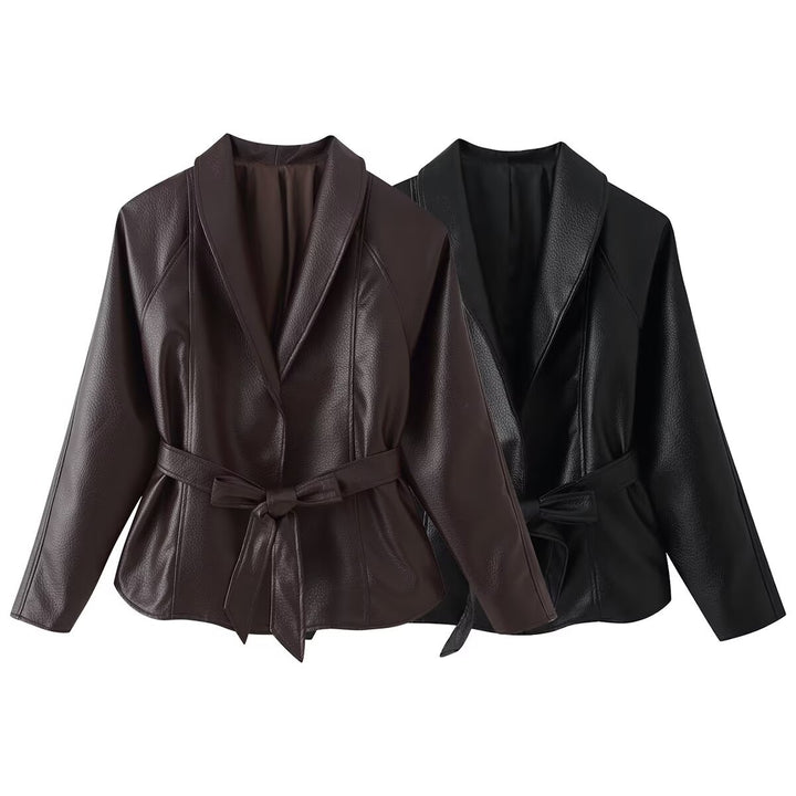 Women's short blazer made of vegan leather with shawl collar and waist tie belt Mune Fashion