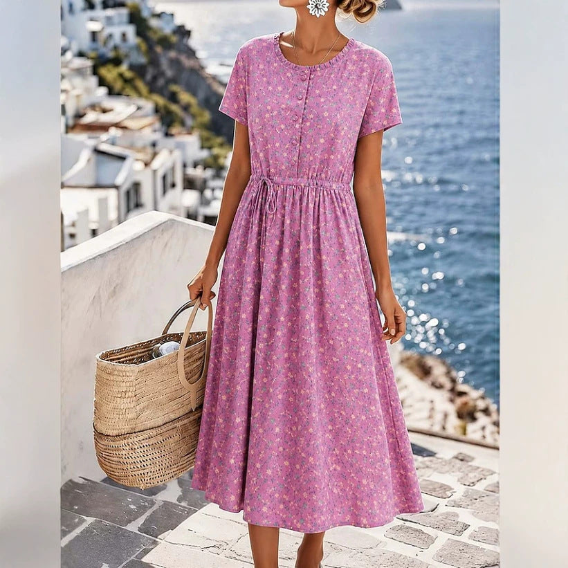 Ladies Midi Dress with Floral Allover Print, Drawstring Waistband and Button Placket Mune Fashion