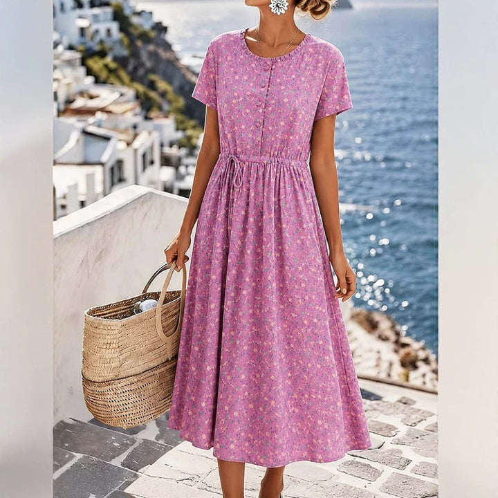Ladies Midi Dress with Floral Allover Print, Drawstring Waistband and Button Placket Mune Fashion