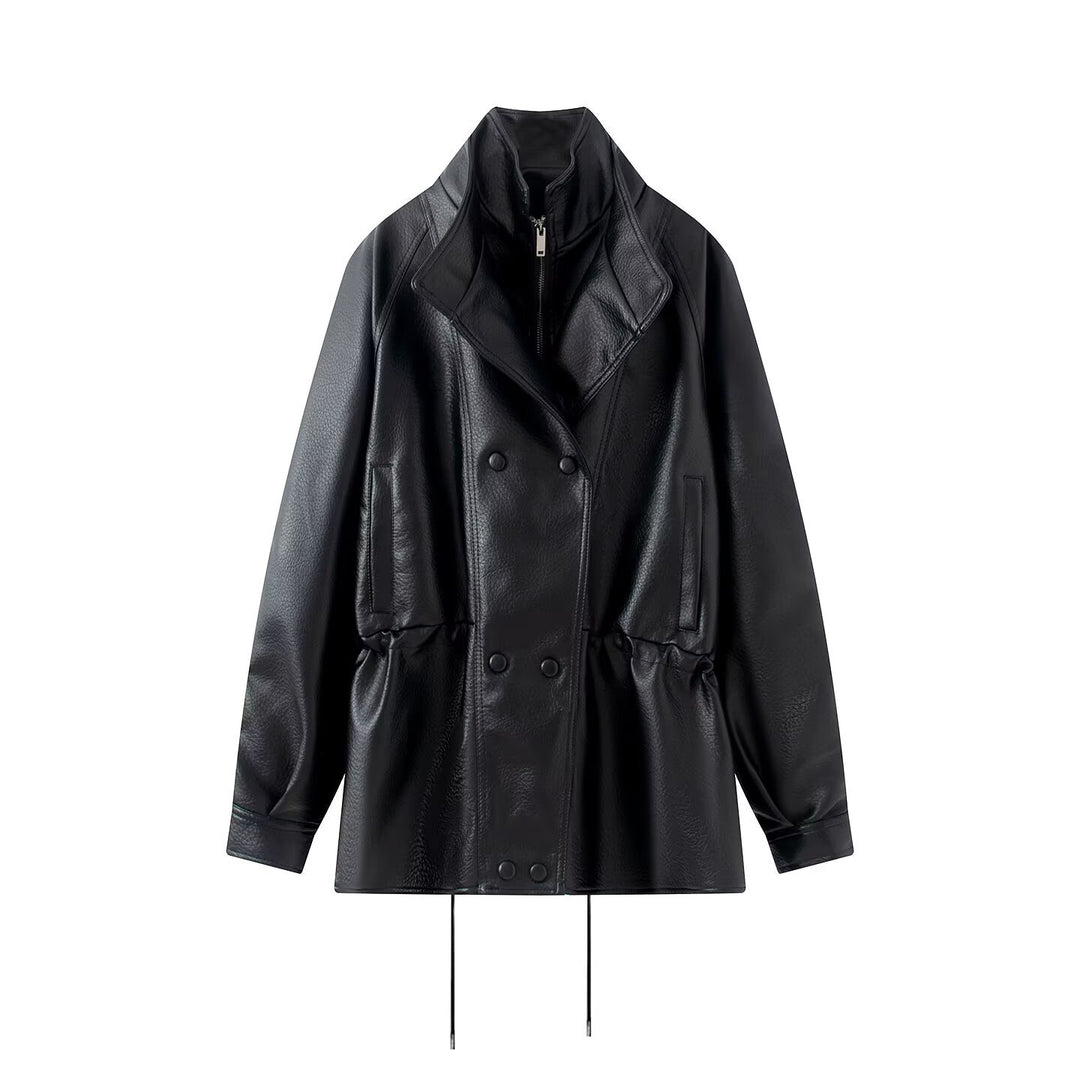 Women Double-breasted Faux Leather Jacket with Stand-up Collar, Wide Lapel and Drawstring Mune Fashion